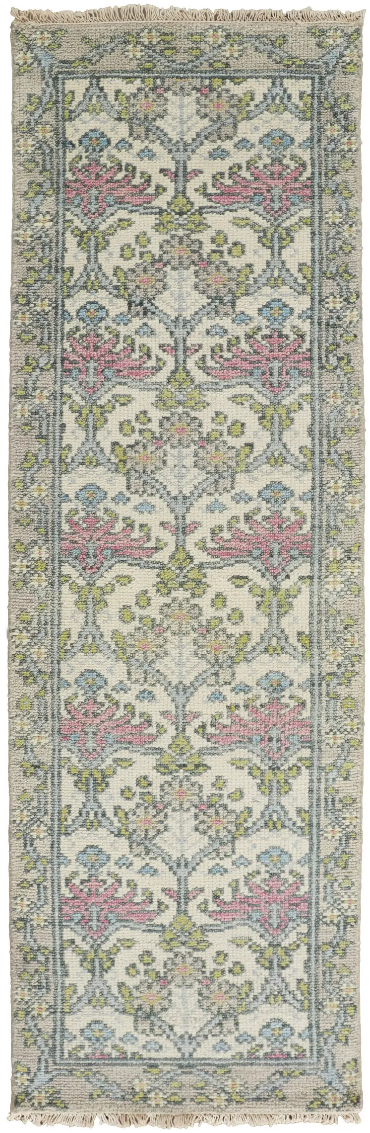 8' Ivory Gray and Pink Wool Floral Hand Knotted Runner Rug