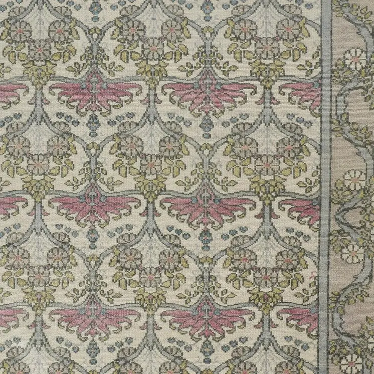 2' X 3' Ivory Gray and Pink Wool Floral Hand Knotted Area Rug