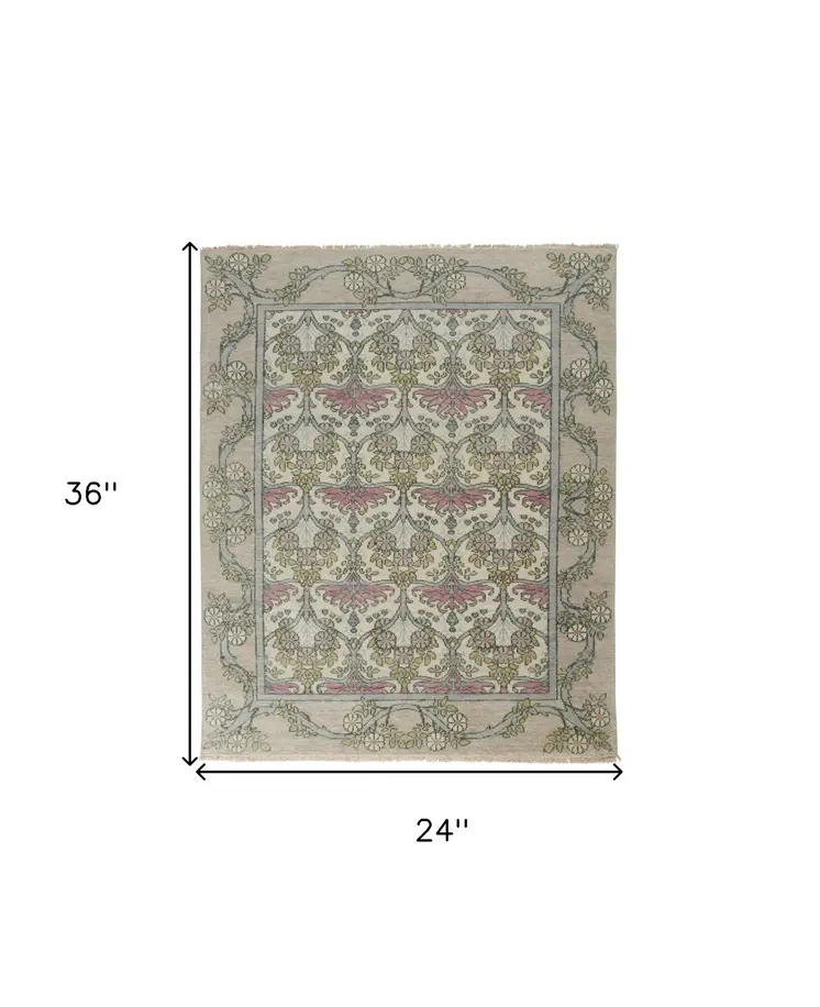 2' X 3' Ivory Gray and Pink Wool Floral Hand Knotted Area Rug
