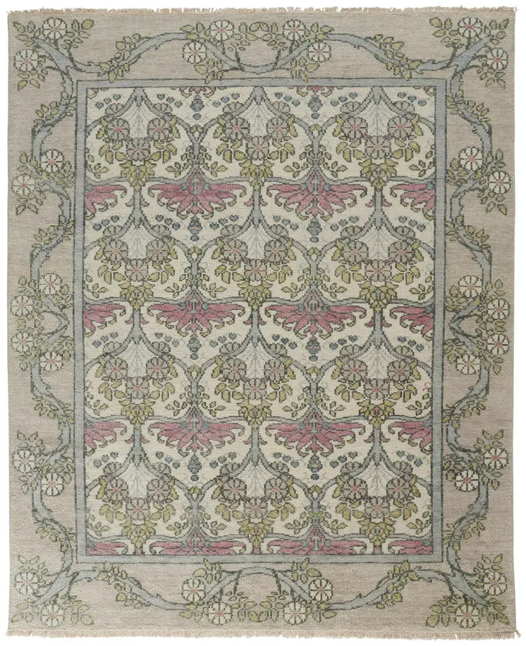 2' X 3' Ivory Gray and Pink Wool Floral Hand Knotted Area Rug