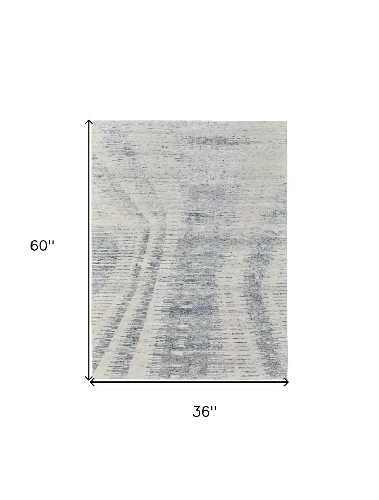3' X 5' Ivory Gray and Blue Abstract Hand Knotted Worn Faded Area Rug