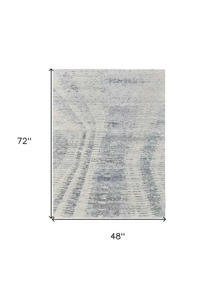 4' X 6' Ivory Gray and Blue Abstract Hand Knotted Worn Faded Area Rug