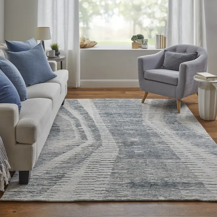 8' X 10' Ivory Gray and Blue Abstract Hand Knotted Worn Faded Area Rug