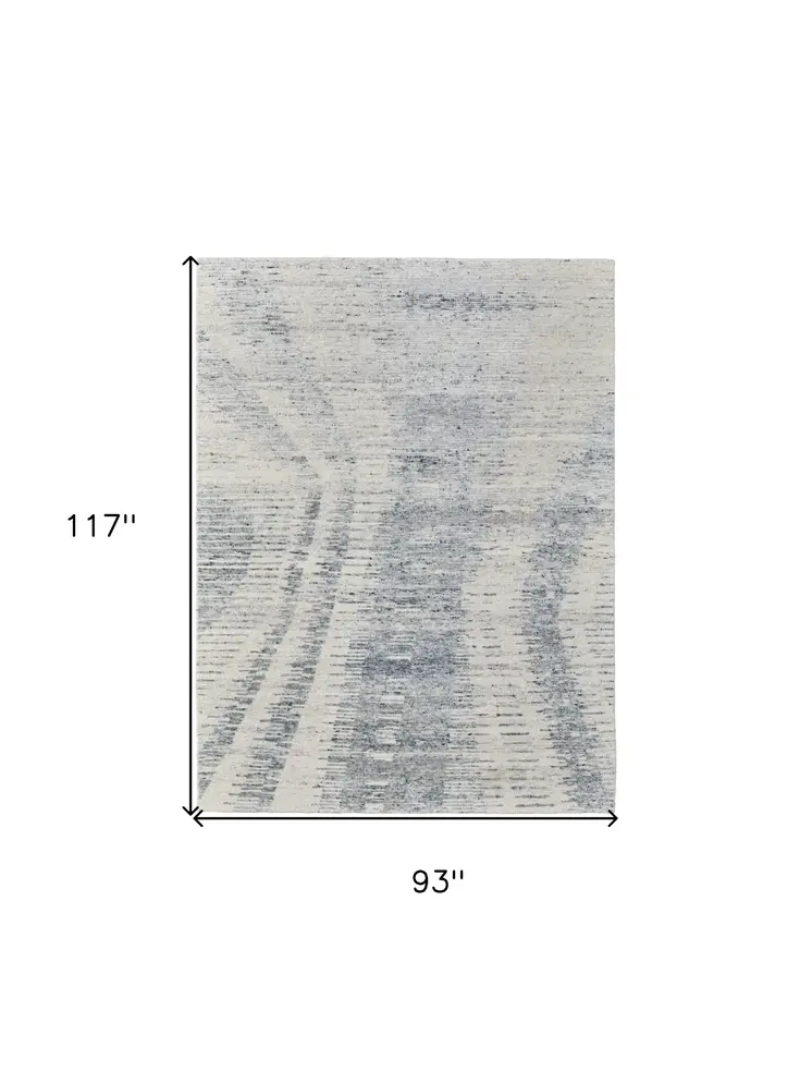 8' X 10' Ivory Gray and Blue Abstract Hand Knotted Worn Faded Area Rug
