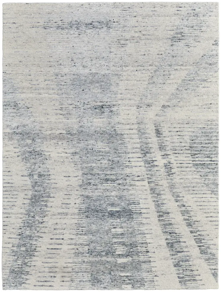8' X 12' Ivory Gray and Blue Abstract Hand Knotted Worn Faded Area Rug
