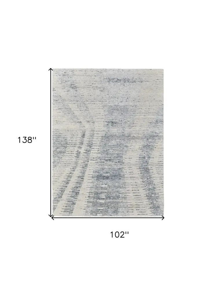 8' X 12' Ivory Gray and Blue Abstract Hand Knotted Worn Faded Area Rug
