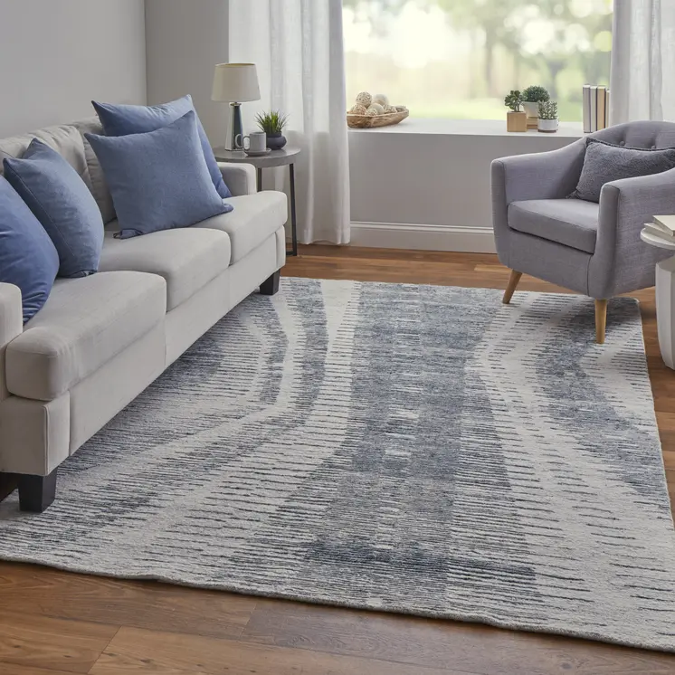 9' X 13' Ivory Gray and Blue Abstract Hand Knotted Worn Faded Area Rug