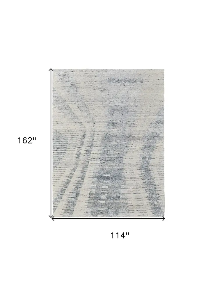 9' X 13' Ivory Gray and Blue Abstract Hand Knotted Worn Faded Area Rug