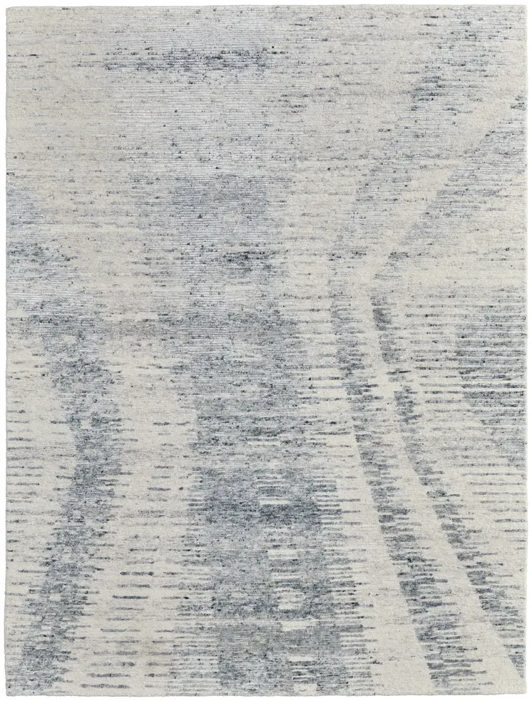 12' X 15' Ivory Gray and Blue Abstract Hand Knotted Worn Faded Area Rug