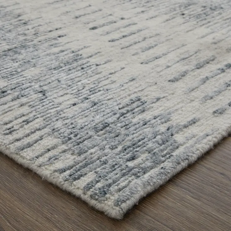2' X 3' Ivory Gray and Blue Abstract Hand Knotted Worn Faded Area Rug
