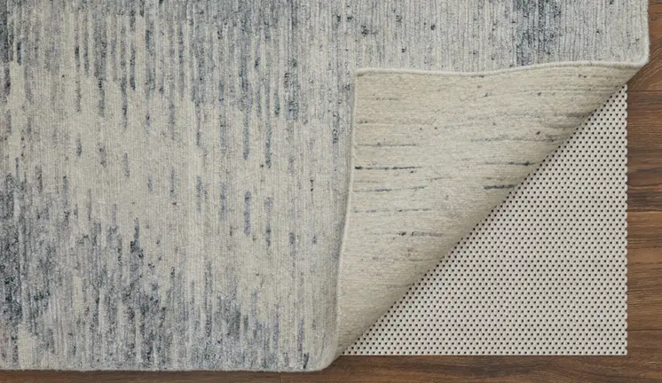 2' X 3' Ivory Gray and Blue Abstract Hand Knotted Worn Faded Area Rug