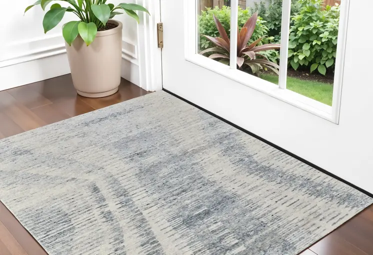 2' X 3' Ivory Gray and Blue Abstract Hand Knotted Worn Faded Area Rug