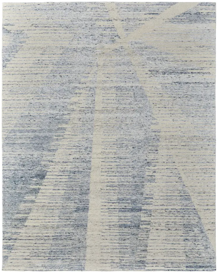 3' X 5' Ivory and Blue Abstract Hand Knotted Worn Faded Area Rug