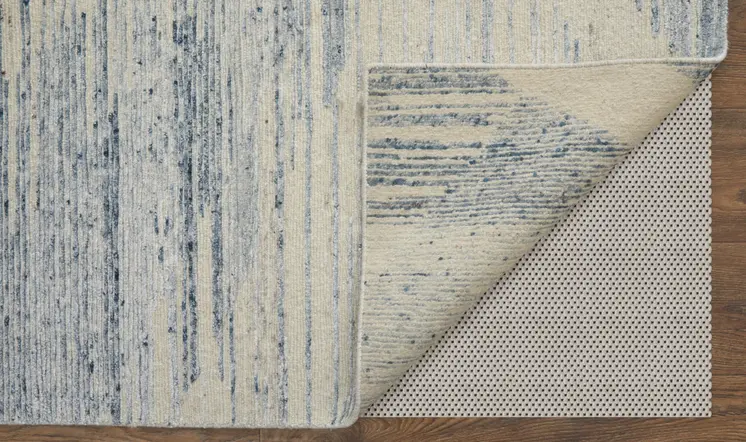 3' X 5' Ivory and Blue Abstract Hand Knotted Worn Faded Area Rug