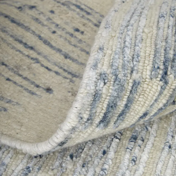 3' X 5' Ivory and Blue Abstract Hand Knotted Worn Faded Area Rug