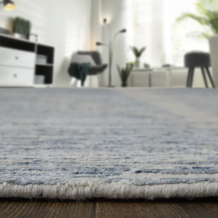 3' X 5' Ivory and Blue Abstract Hand Knotted Worn Faded Area Rug