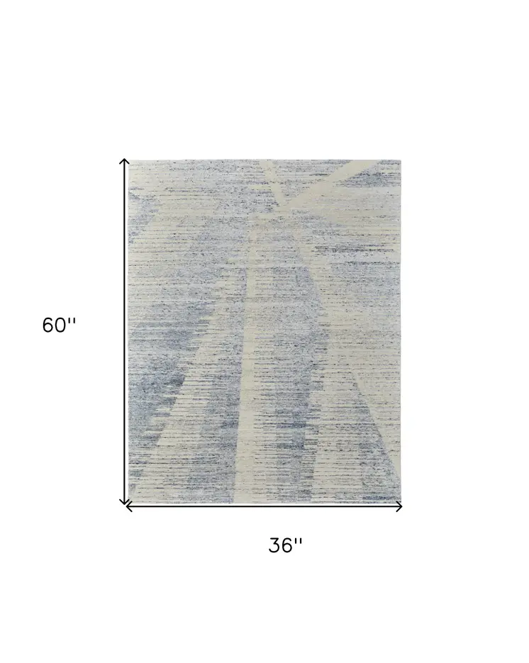 3' X 5' Ivory and Blue Abstract Hand Knotted Worn Faded Area Rug