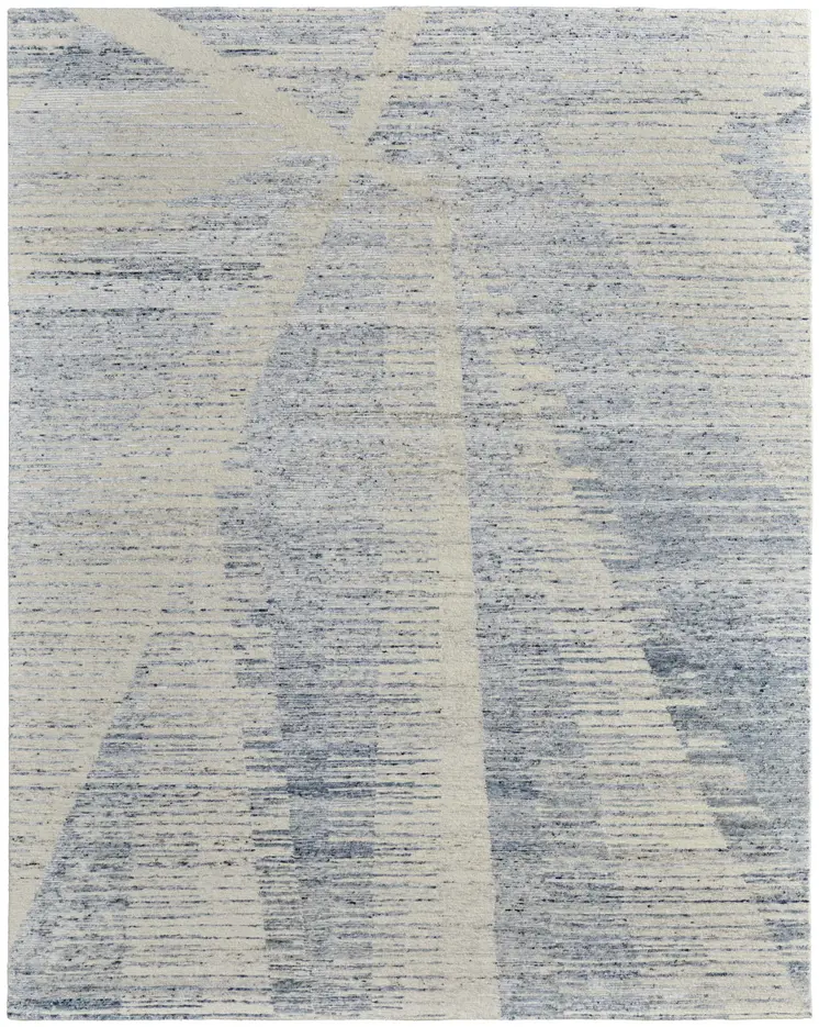 4' X 6' Ivory and Blue Abstract Hand Knotted Worn Faded Area Rug