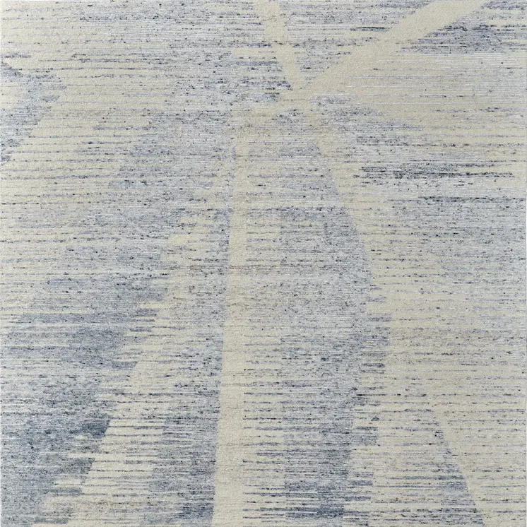 6' X 9' Ivory and Blue Abstract Hand Knotted Worn Faded Area Rug
