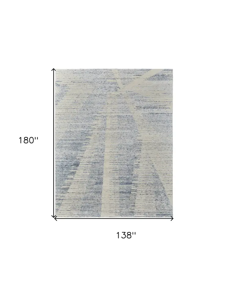 12' X 15' Ivory and Blue Abstract Hand Knotted Worn Faded Area Rug