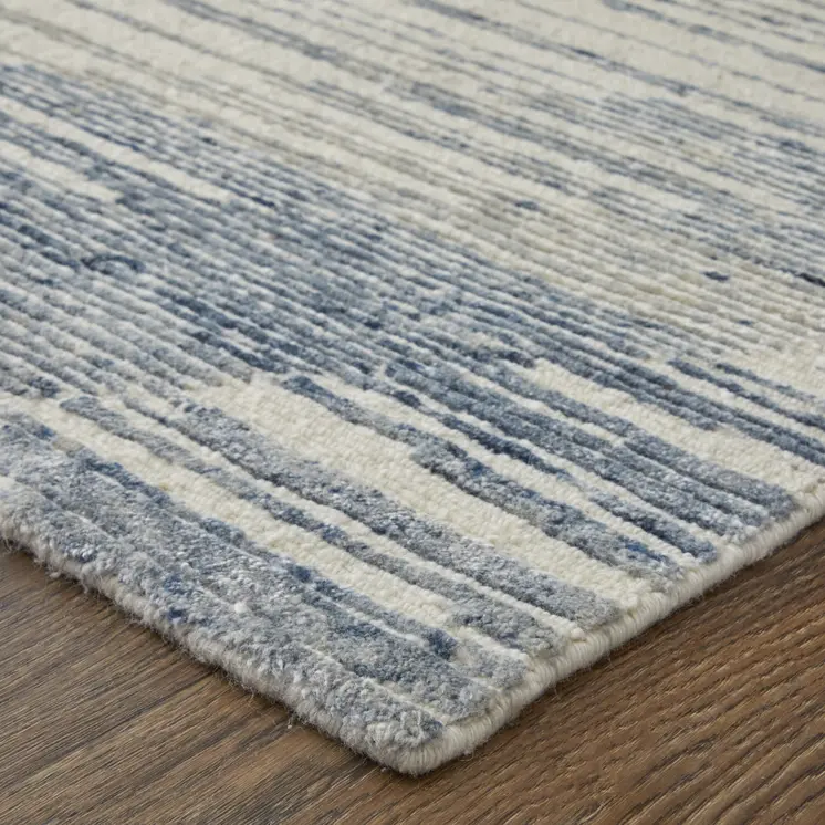 2' X 3' Ivory and Blue Abstract Hand Knotted Worn Faded Area Rug