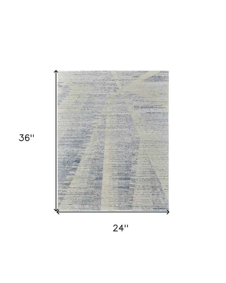 2' X 3' Ivory and Blue Abstract Hand Knotted Worn Faded Area Rug