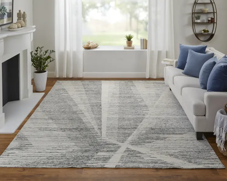 3' X 5' Ivory and Gray Abstract Hand Knotted Worn Faded Area Rug