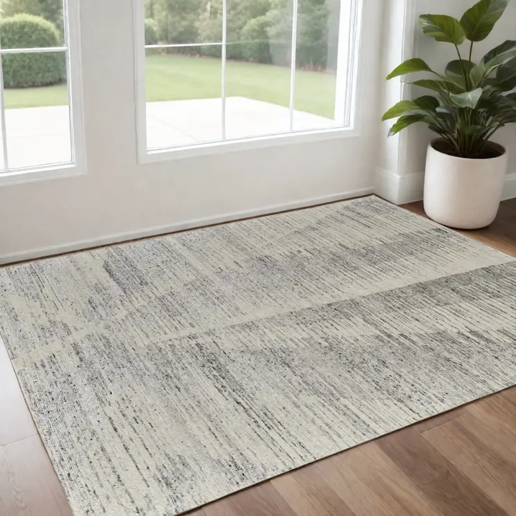 3' X 5' Ivory and Gray Abstract Hand Knotted Worn Faded Area Rug