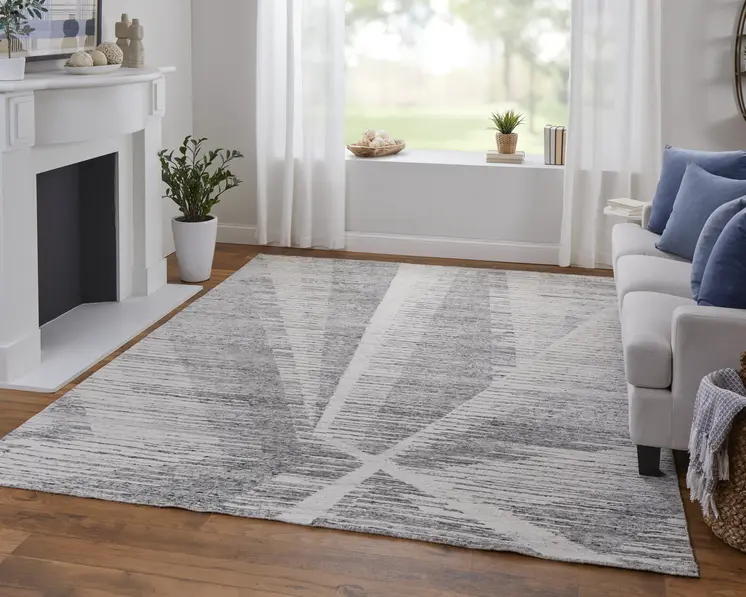 3' X 5' Ivory and Gray Abstract Hand Knotted Worn Faded Area Rug