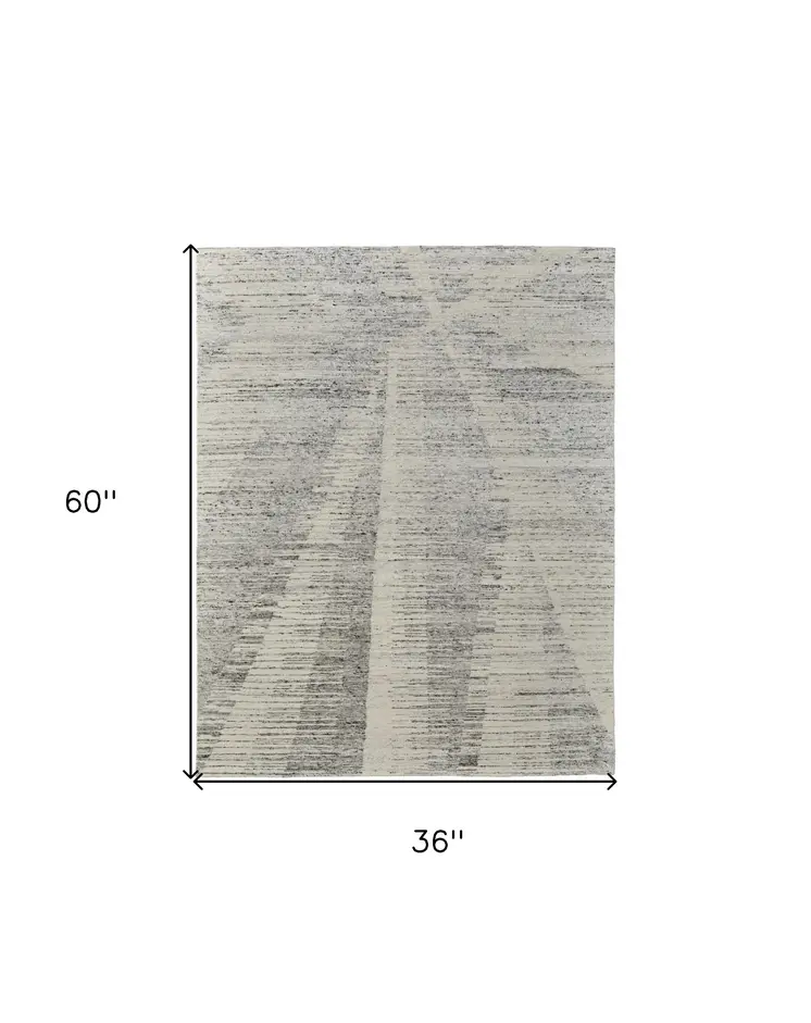 3' X 5' Ivory and Gray Abstract Hand Knotted Worn Faded Area Rug