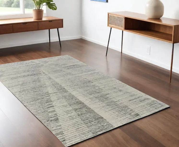 4' X 6' Ivory and Gray Abstract Hand Knotted Worn Faded Area Rug