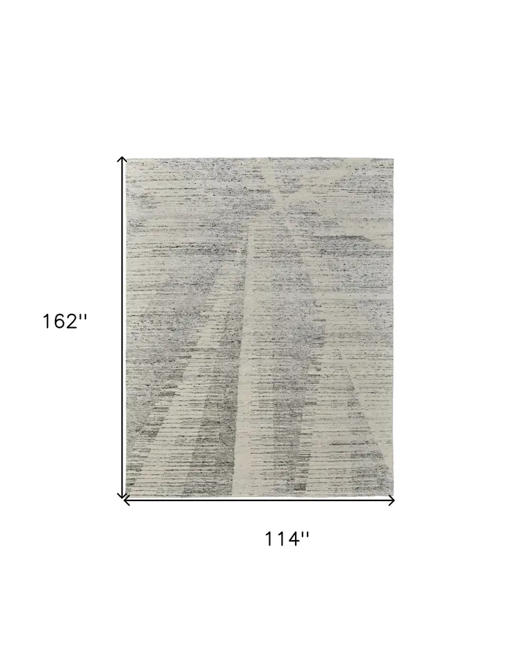 9' X 13' Ivory and Gray Abstract Hand Knotted Worn Faded Area Rug