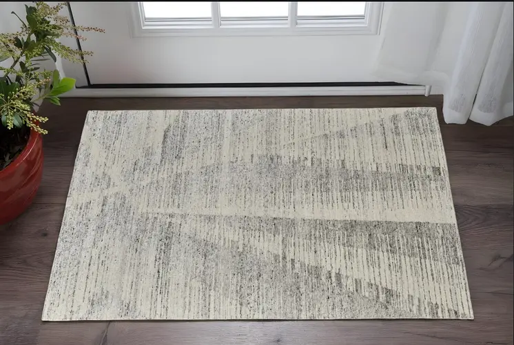 2' X 3' Ivory and Gray Abstract Hand Knotted Worn Faded Area Rug