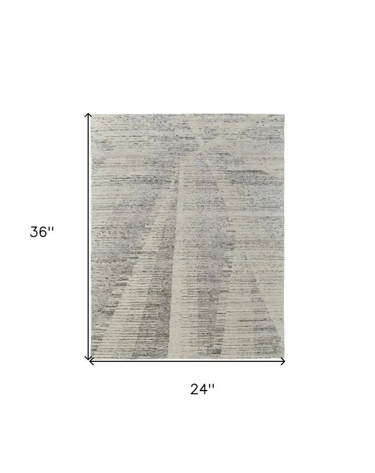 2' X 3' Ivory and Gray Abstract Hand Knotted Worn Faded Area Rug