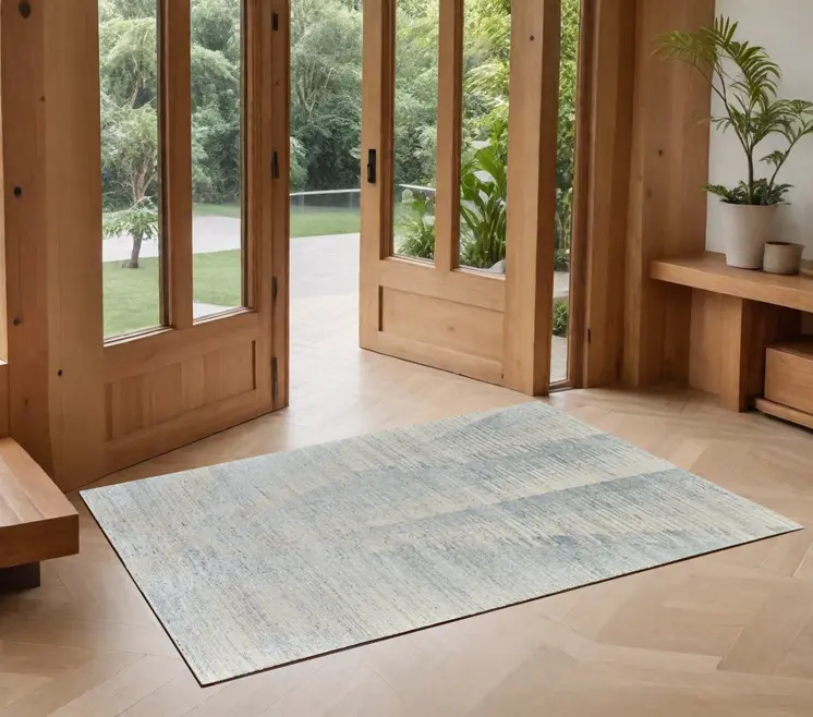 3' X 5' Ivory and Blue Abstract Hand Knotted Worn Faded Area Rug