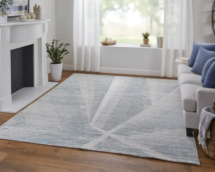 3' X 5' Ivory and Blue Abstract Hand Knotted Worn Faded Area Rug