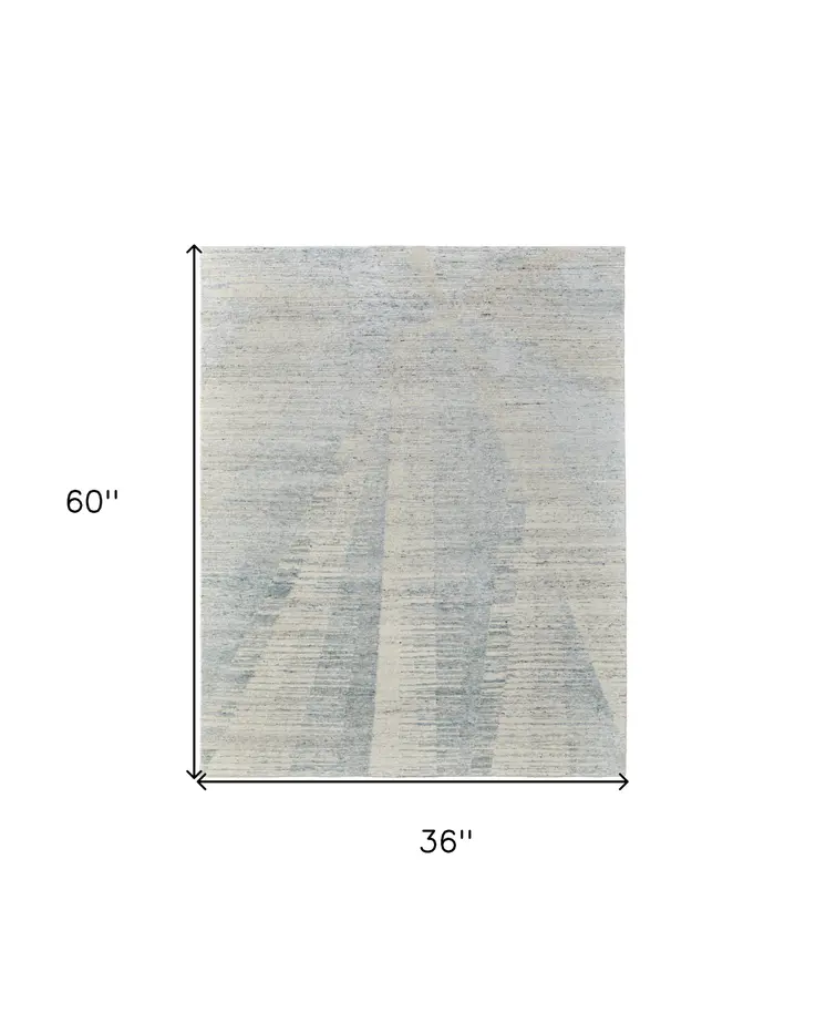 3' X 5' Ivory and Blue Abstract Hand Knotted Worn Faded Area Rug