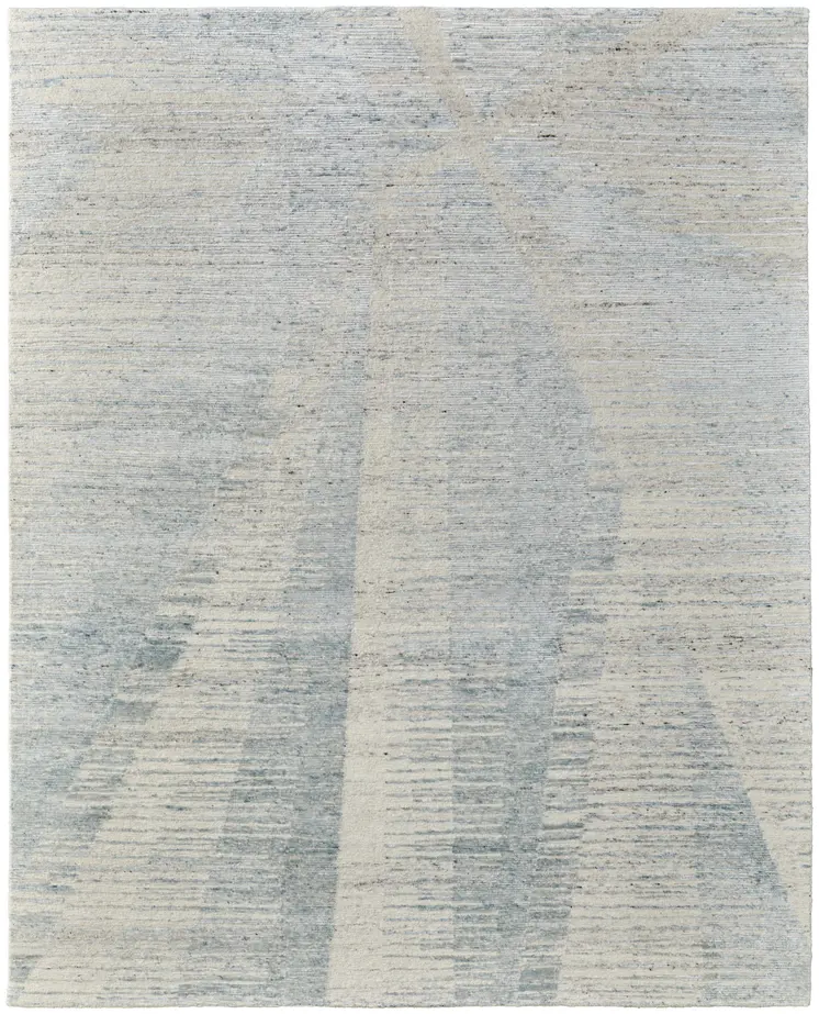 4' X 6' Ivory and Blue Abstract Hand Knotted Worn Faded Area Rug