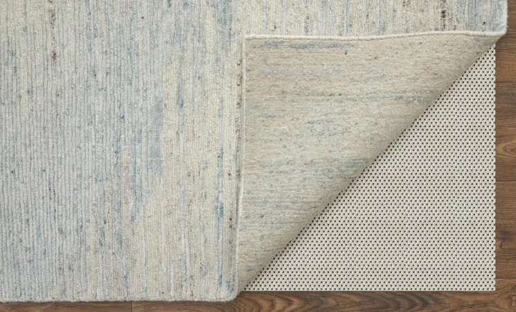4' X 6' Ivory and Blue Abstract Hand Knotted Worn Faded Area Rug