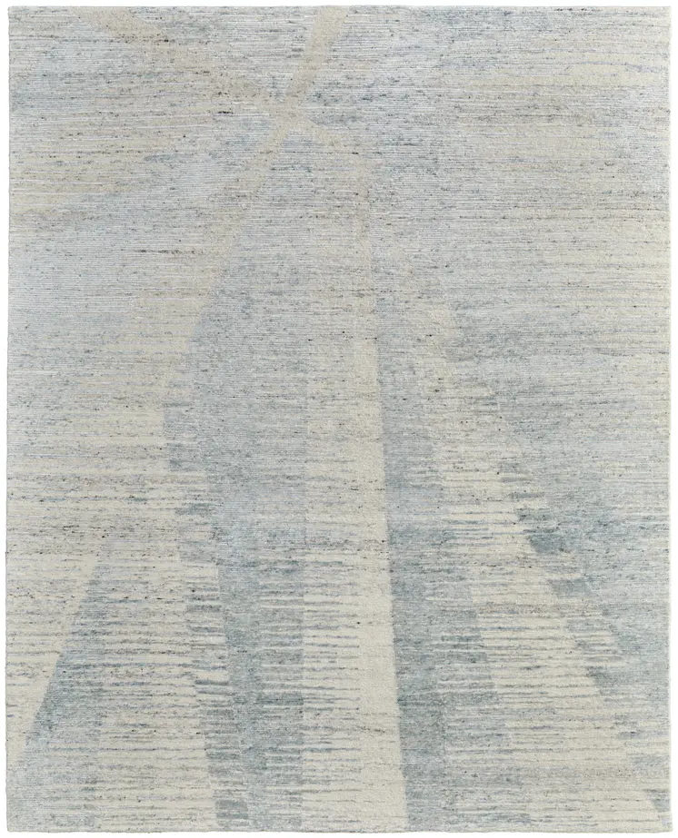 4' X 6' Ivory and Blue Abstract Hand Knotted Worn Faded Area Rug