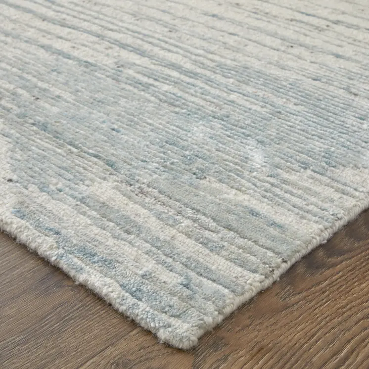 6' X 9' Ivory and Blue Abstract Hand Knotted Worn Faded Area Rug
