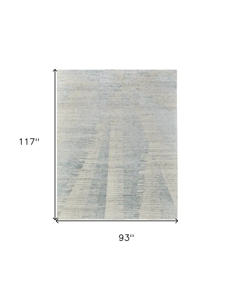8' X 10' Ivory and Blue Abstract Hand Knotted Worn Faded Area Rug