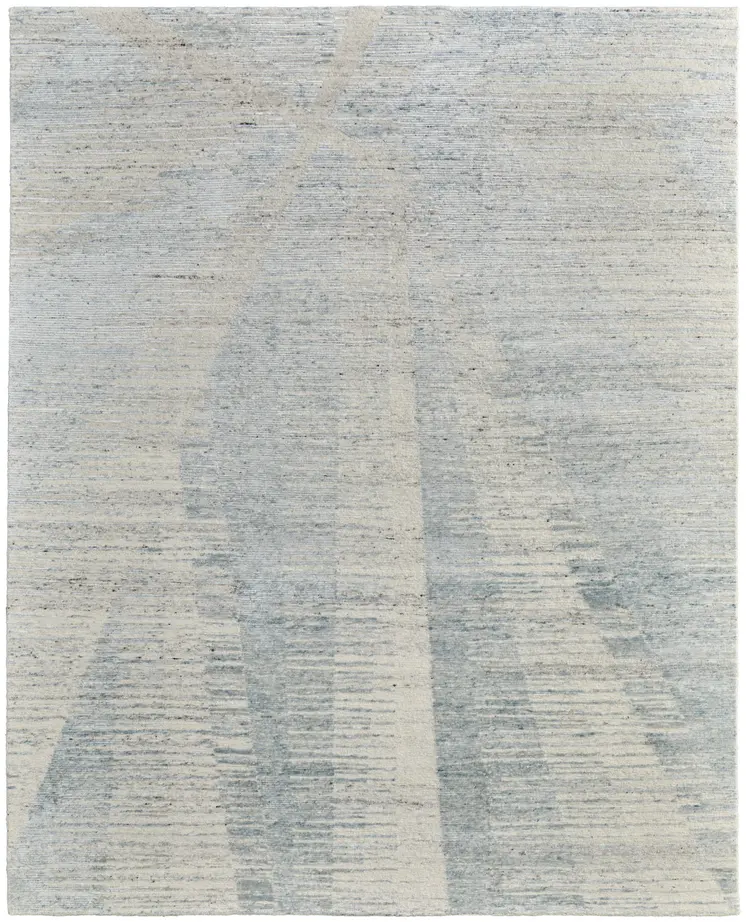 9' X 13' Ivory and Blue Abstract Hand Knotted Worn Faded Area Rug