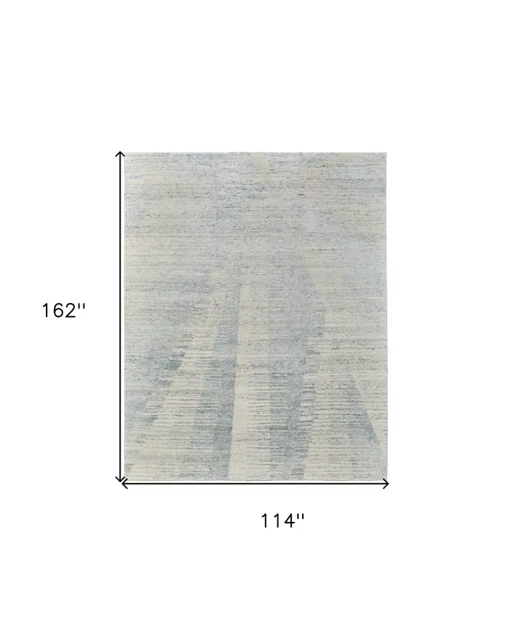 9' X 13' Ivory and Blue Abstract Hand Knotted Worn Faded Area Rug