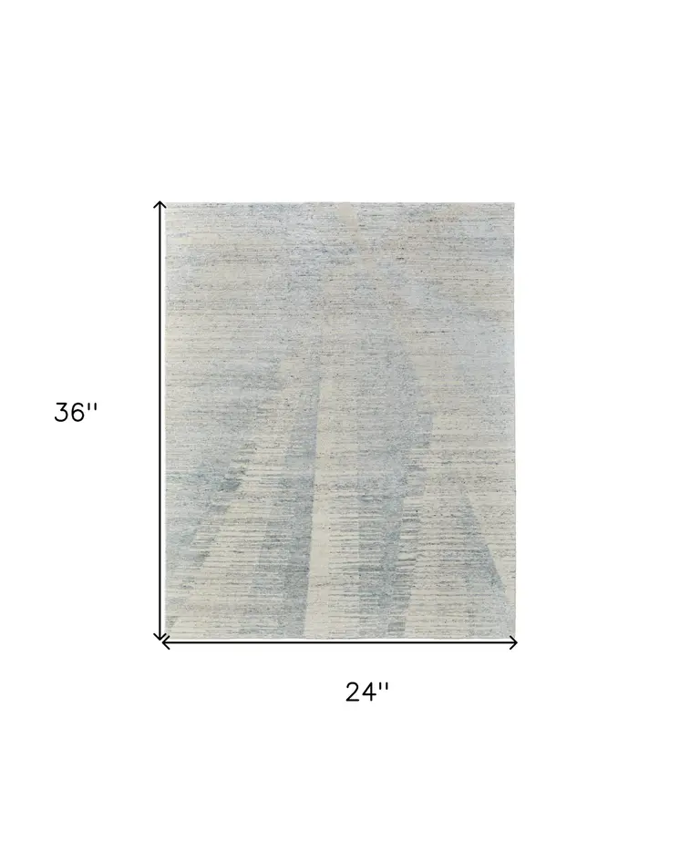 2' X 3' Ivory and Blue Abstract Hand Knotted Worn Faded Area Rug