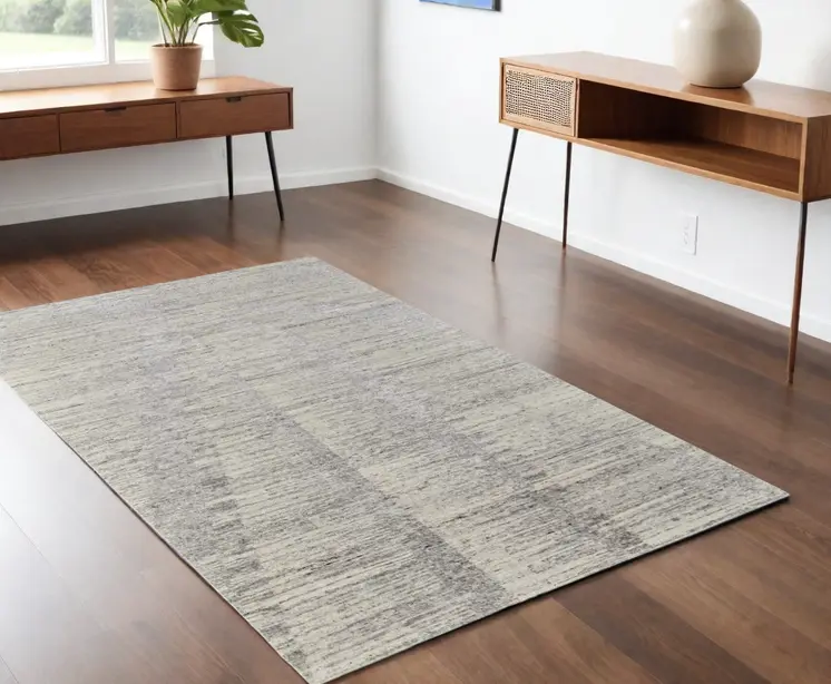 4' X 6' Ivory and Gray Abstract Hand Knotted Worn Faded Area Rug