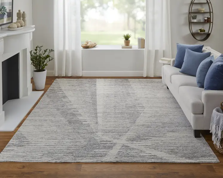 6' X 9' Ivory and Gray Abstract Hand Knotted Worn Faded Area Rug