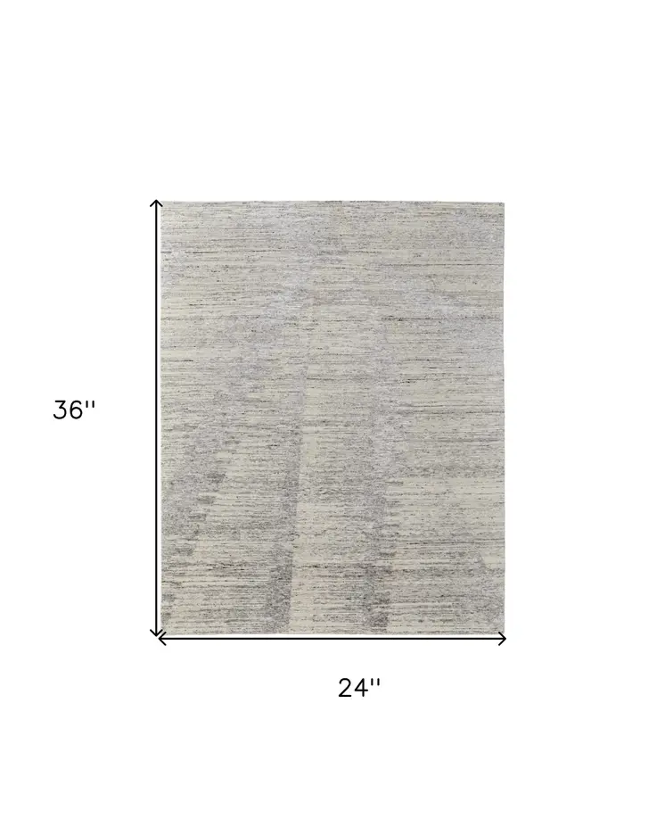 2' X 3' Ivory and Gray Abstract Hand Knotted Worn Faded Area Rug