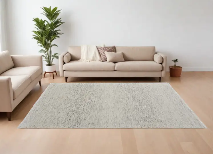 8' X 10' Ivory and Gray Wool Hand Knotted Area Rug With Fringe