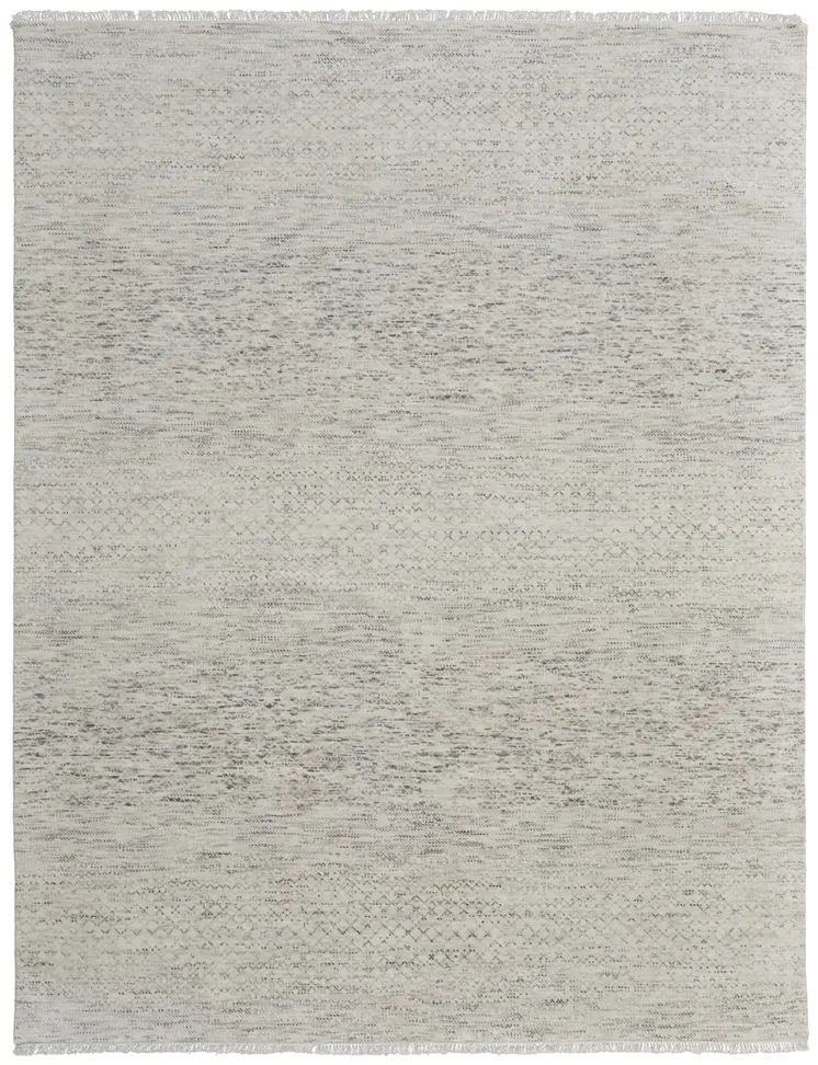 8' X 10' Ivory and Gray Wool Hand Knotted Area Rug With Fringe
